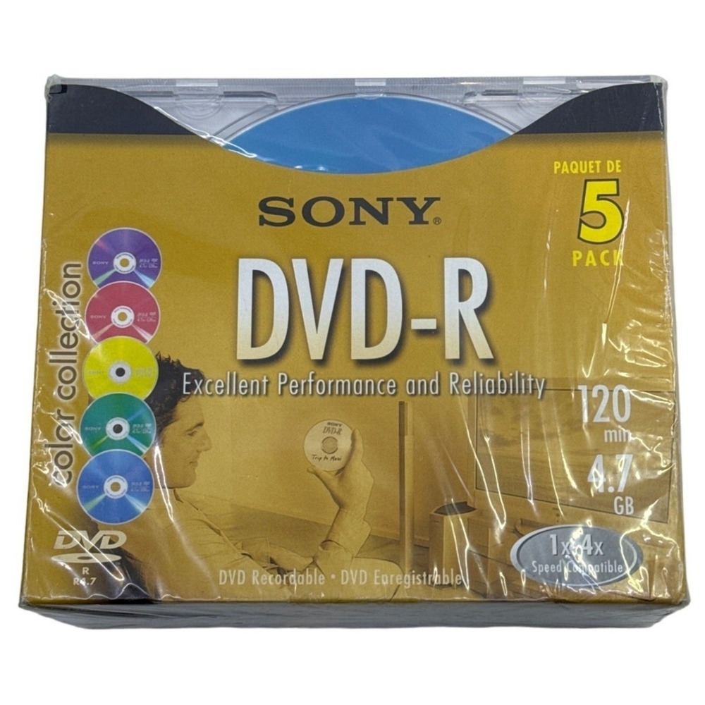 Sony DVD-R 4.7GB 120min 1x-4x Color Collection 5 Pack Jewel Case 5DMR47LX2 New